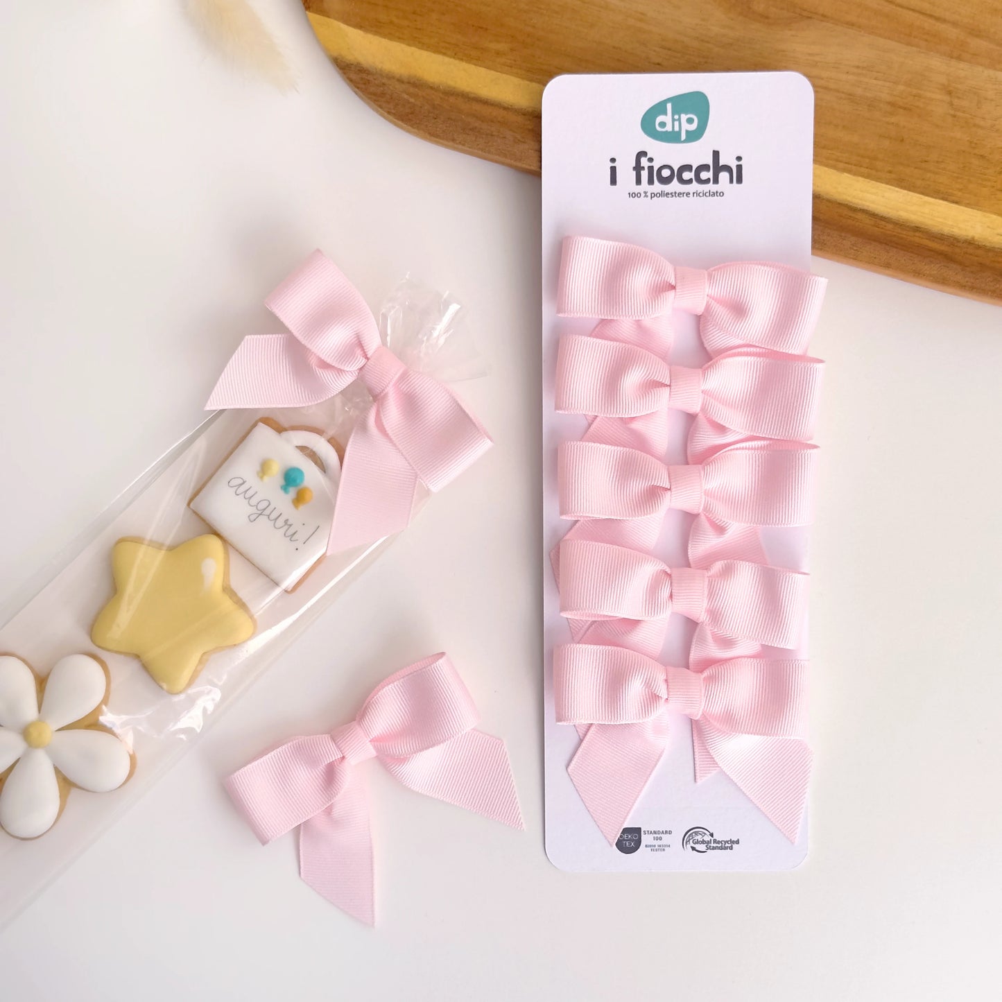 5 fiocchi rosa chiaro prelegati 8cm per bomboniere nascita bambina.