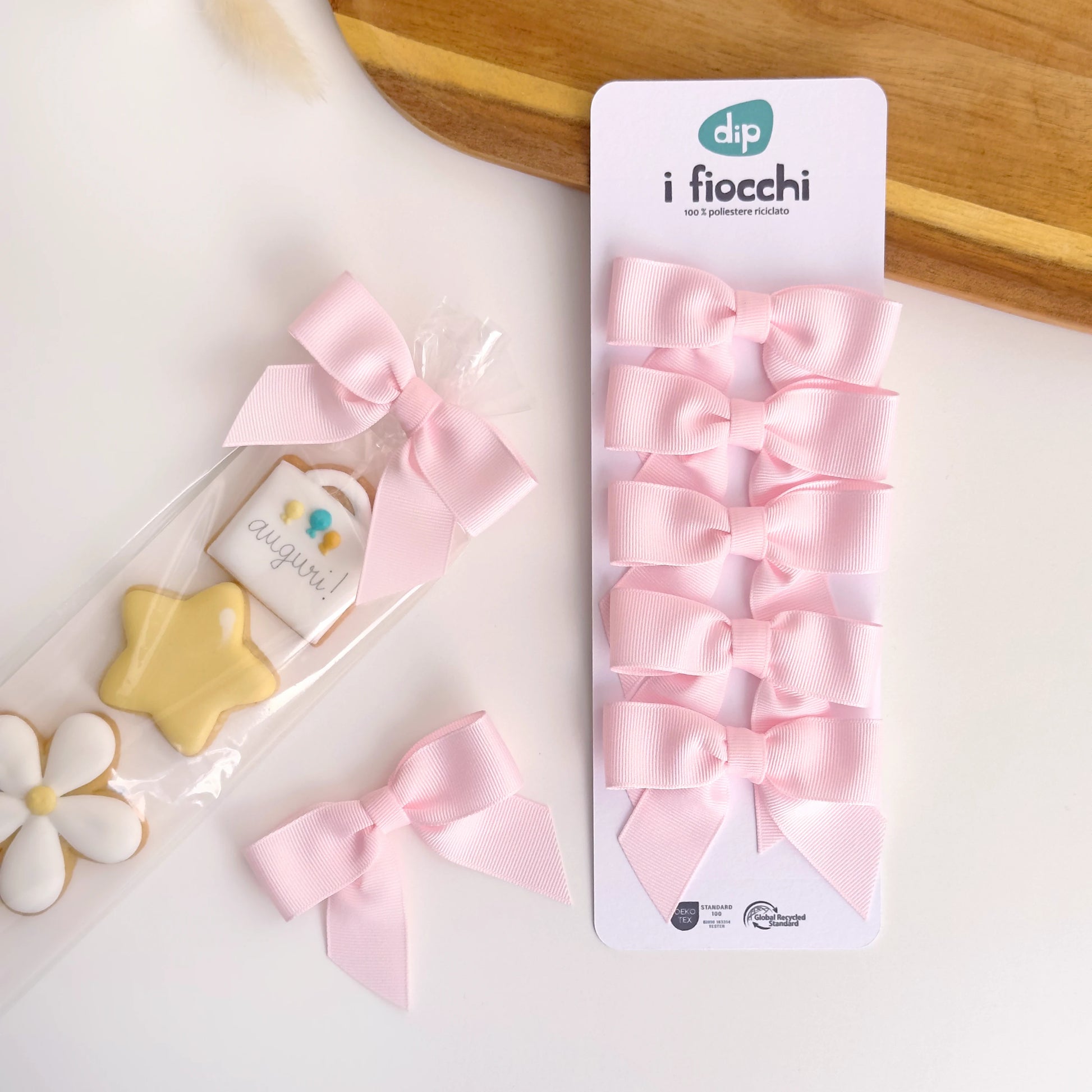 5 fiocchi rosa chiaro prelegati 8cm per bomboniere nascita bambina.