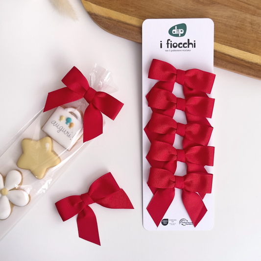 Set 5 fiocchi rossi prelegati 8x6cm chiusura pacchi Natale e laurea.