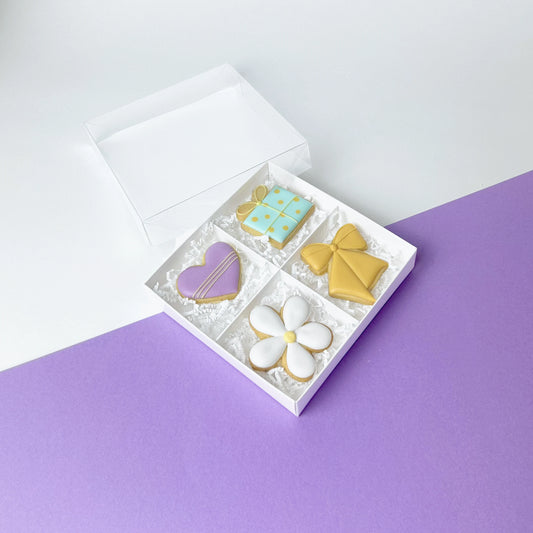 Set 5 scatole quadrate bianco 10x10 cm con coperchio trasparente a scorrimento, design minimal per packaging artigianale.